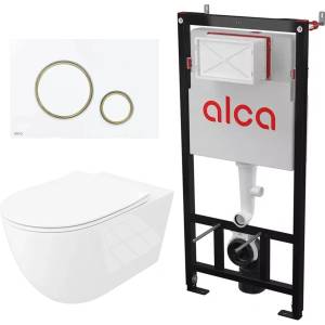 Rune Комплект казанче за WC с вграждаща рамка Alca AM101/1120 и бутон Thin M775, бяло-златно, плюс бяла тоалетна чиния Rune Ivaldi Grande с капак softclose (AM101/1120+M775+5940541334477)