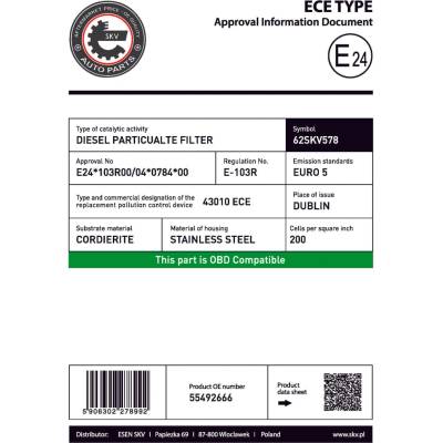 Filtr pevných částic - DPF ESEN SKV 62SKV578