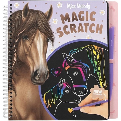 Kreativní škrabací sešit Miss Melody Magic Kouzelný sešit od Miss Melody obsahuje 20 černých stránek, na kterých se pomocí přiloženého škrabacího pera odhalují duhové obrázky koní. – Zboží Dáma