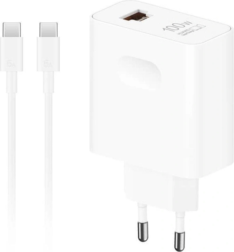 Huawei Оригинално Зарядно с Кабел, Honor 100W USB-A/USB-C Super Charge 220v, Бял (HN-200500C02)