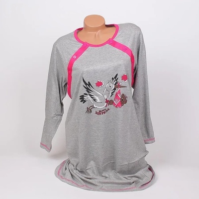 Нощница за кърмачки в сиво с щъркел и цикламен кант