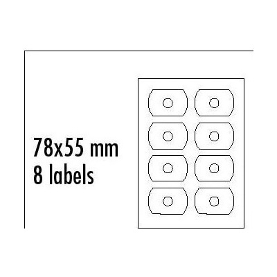 Logo etikety na CD 78mm x 55mm, A4, matné, biele, 8 etikiet, 140g/m2, balené po 25 ks, pre atrament. a laser. tlač. 12378
