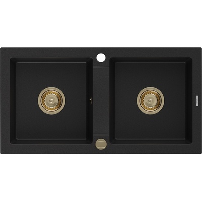 MEXEN/S Mario granitový dřez 2-bowly 820 x 436 mm, černý, zlatý sifon 6504822000-77-G