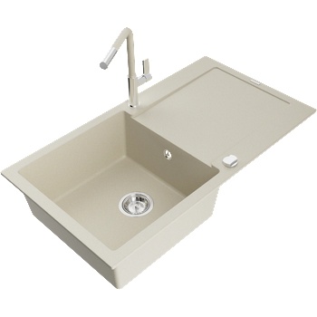 Mexen Leo гранитна кухненска мивка с 1 купа и отцедник, с кухненски смесител Flora, бежов - 6501-69-670401-09 (6501-69-670401-09)