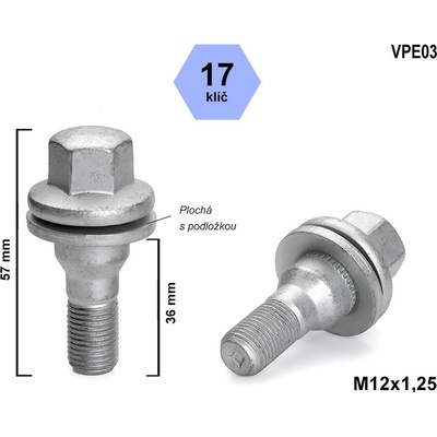 Kolový šroub M12x1,25x36, VPE03, plochá podložka, CITROËN, PEUGEOT, klíč 17, výška 57 mm – Zboží Mobilmania