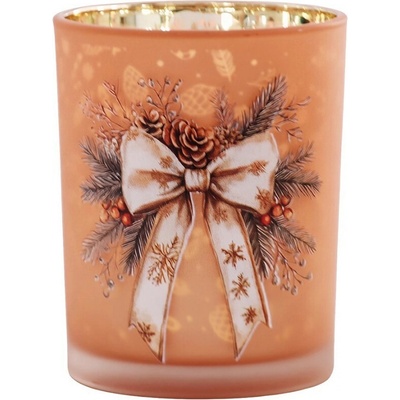 Elegantní vánoční skleněný svícen s mašlí S – Lososový - Ø 7*8 cm - Clayre & Eef