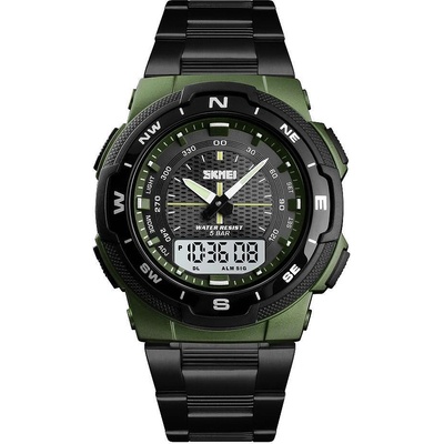 Skmei Мъжки часовник SKMEI Duo Time, Хронограф, Двойно време, LED подсветка, Неръждаема стомана, Черен / Зелен (SKMEI-1370-BLACK-GREEN)