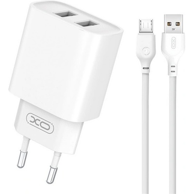 XO CE02C мрежово зарядно устройство, 2 USB гнезда, 10, 5 W, бързо зарядно устройство + microUSB кабел, БЯЛ XO-CE02C (XO-CE02C_MICROUSB)
