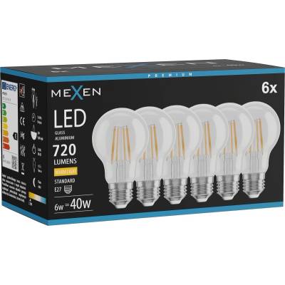 Mexen Vintis 6x Крушка с нажежаема жичка LED E27, A60, 6W, Топла - 2700K, 720 lm, прозрачна (L150-E27-0627-00x06)