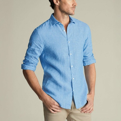 Charles Tyrwhitt Pure Linen lehká lněná košile v popelínové vazbě ocean blue