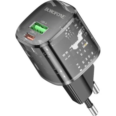 BOROFONE Зарядно за стена - Borofone (BN17 Sunlight) - USB-C + USB-A, PD20W QC3.0 - Прозрачно/Черен