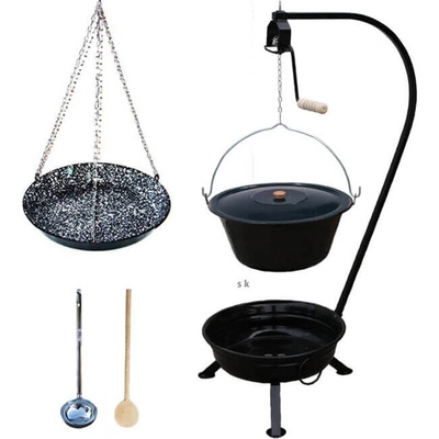 Green Home kotlík na guláš smalt 25 l, Green Home pánev smalt 42 cm, Green Home prenosne ohniště stojan a pojistný kladka KOV, KESSEL poklice smalt 49 cm, KESSEL naběračka nerez INOX, vařečka 50 cm UN