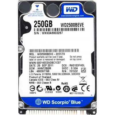 WD Scorpio Blue 250GB, 2,5", 8MB, 5400rpm, 12ms, WD2500BEVE