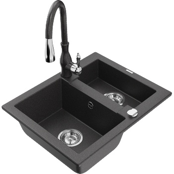 Mexen Carlos гранитна мивка с 1, 5 камери и кухненски смесител Savita, черен на пръски - 6518-76-672601-76 (6518-76-672601-76)
