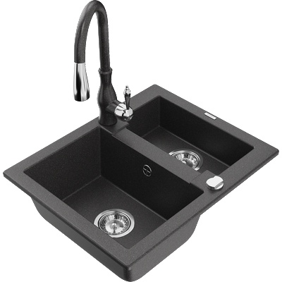 Mexen Carlos гранитна мивка с 1, 5 камери и кухненски смесител Savita, черен на пръски - 6518-76-672601-76 (6518-76-672601-76)