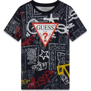 GUESS Черна тениска за момче с многоцветни графики и червено лого Guess