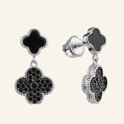 SilveAmo Stříbrné visací náušnice s černým onyxem a zirkonem Clover Luxe Black CK2FO.1496