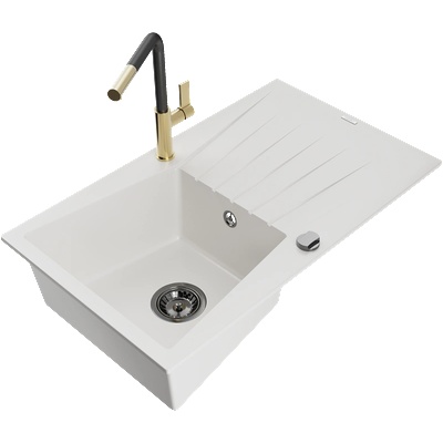 Mexen Cesar гранитна кухненска мивка с 1 корито и отцедник и кухненски смесител Flora, бял - 6514-20-670401-57-B (6514-20-670401-57-B)