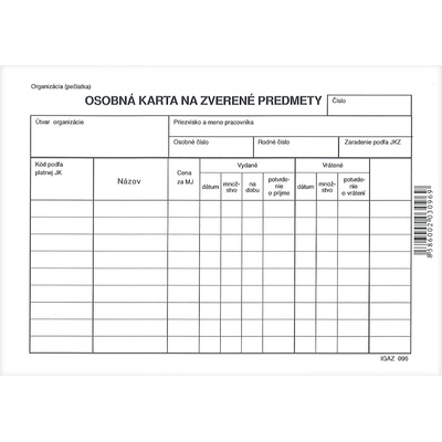 Igaz 096 Osobná karta na zverené predmety A5