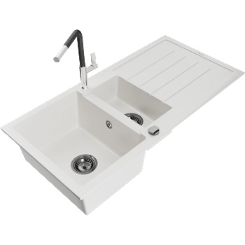 Mexen Andres гранитна мивка с 1, 5 камери с отцедник и кухненски смесител Flora, бял - 6515-20-670401-07-B (6515-20-670401-07-B)