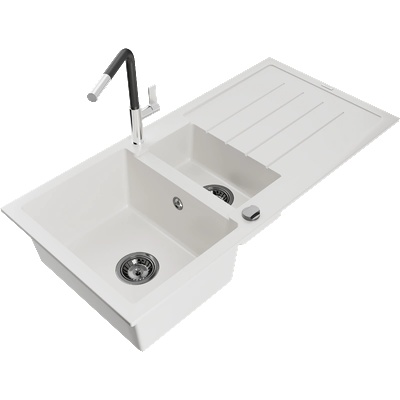 Mexen Andres гранитна мивка с 1, 5 камери с отцедник и кухненски смесител Flora, бял - 6515-20-670401-07-B (6515-20-670401-07-B)