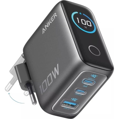 Anker Захранване за ел. мрежа за лаптопи, смартфони и таблети с USB-A и 2xUSB-C изходи с технология за бързо зареждане - Anker Prime GaN Prime Wall Charger Smart Display 100W (тъмносив) (B121BGZ1)