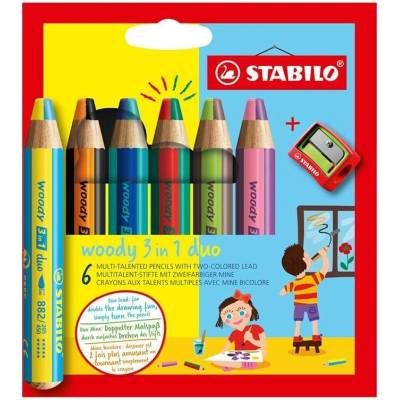 Stabilo Multifunkční barvička STABILO woody 3v1 duo dvoubarevná tuha 6 ks sada se struhadlem 454142