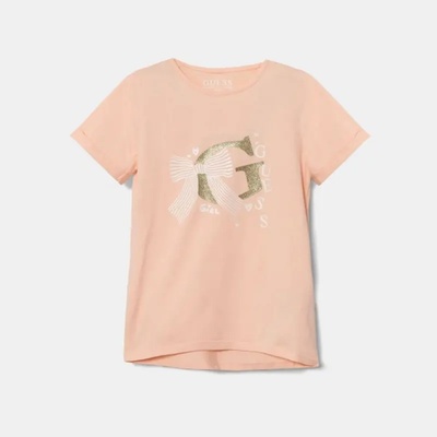 GUESS Тениска в прасковен цвят със златисто G и панделка за мини момиче Guess