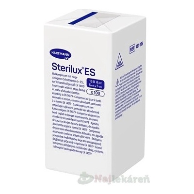 Sterilux ES kompres nesterilný so založenými okrajmi 13 vlákien 8 vrstiev 5 cm x 5 cm 100 ks