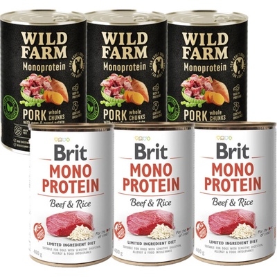 Brit mono protein hovädzie a hnedá ryža 3 x 400 g + Wild Farm bravčové maso 3 x 400 g