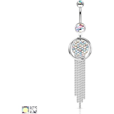 Šperky eshop ocelový piercing do bříška obrys kruhu a kruh vykládaný kamínky řetízky PC03.27 čirá C