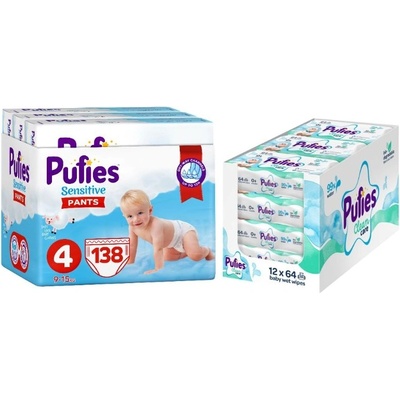 pufies Пелени гащи Pufies Sensitive - Размер 4, 9-15 kg, 138 броя + мокри кърпи Pufies Clean Care, 12 х 64 броя (3800024035258+13800024027540)