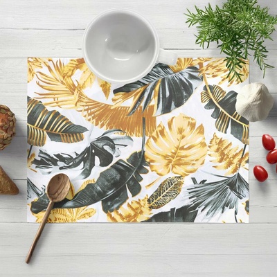 Biante bavlna prostírání Sandra SA-388 Šedozelené a zlaté tropické listy na bílém 35x45cm