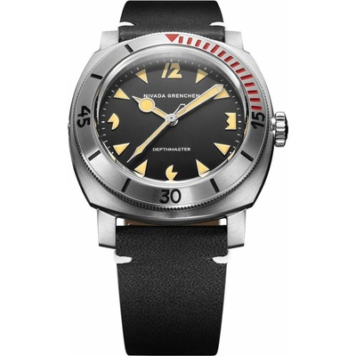 Nivada Grenchen Depthmaster Pacman - Black Leather White Stitching