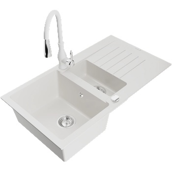 Mexen Matias гранитна мивка 1, 5-коморна с дренаж и кухненски смесител Savita, бял - 6502-20-672601-20 (6502-20-672601-20)