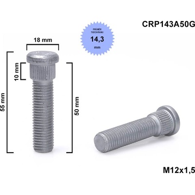 Kolový svorník - šteft M12x1,5x50 tisícihran průměr 14,3mm CRP143A50G délka 55mm