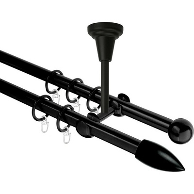 OK-GarnýžeCZ Garnýž kovová dvouřadá 16mm Špice černá 210 cm do stropu / kroužky s háčkem