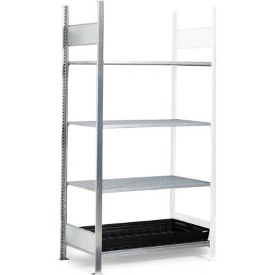 DENIOS Regál pre malé nádoby, nadstavné pole, 3x mrežový rošt, záchytná vaňa z PE, 1012x637x2000mm