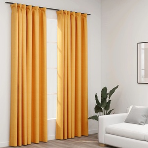 vidaXL Затъмняващи завеси с куки имитация лен 2 бр жълти 140x225 см (321197)