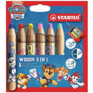 STABILO Комплект цветни моливи, кръгли, дебели, с острилка, STABILO „Woody 3 in 1, „Патрулът на лапичките, 6 различни цвята (8806-8)