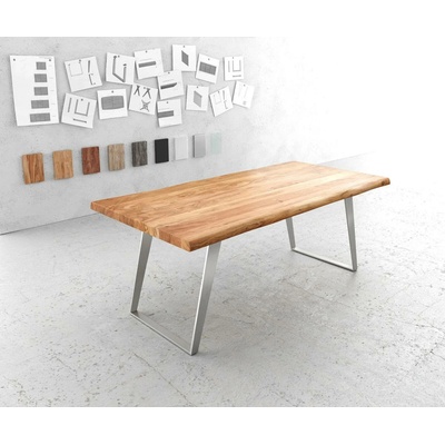 DELIFE Jídelní stůl Edge 200x100cm XL akácie přírodní nerezová ocel stříbrná šikmá