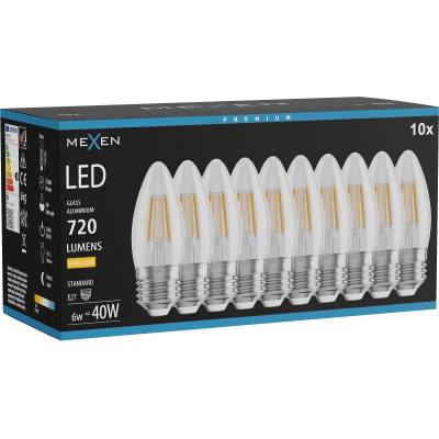 Mexen Vintis 10x LED филаментна крушка E27, C35, 6W, Топла - 2700K, 720 lm, чиста (L154-E27-0627-00x10)