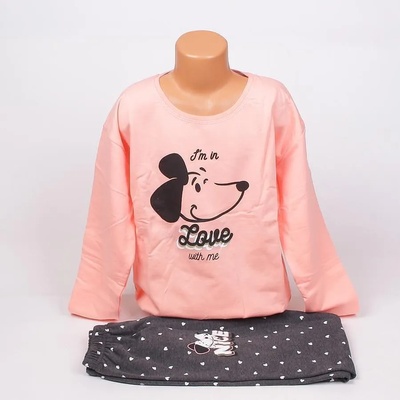 Детско-юношеска пижама в светла праскова и графитено с куче