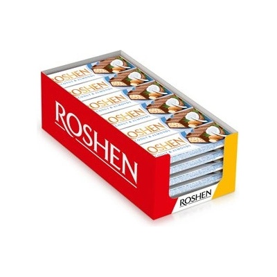 Roshen Mléčná čokoláda s kouskami mandlí a kokosovou náplní Roshen Čokoládová tyčinka s arašídy 30 x 38 g