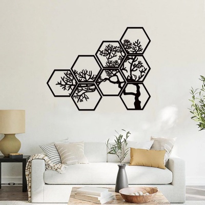 dřevo života Dřevěný strom na zeď HEXAGON Zvolte barvu dekoru: Černá, Rozměry (cm): 110x88