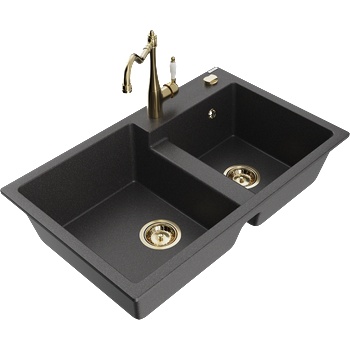 Mexen Tomas гранитна мивка с 2 отделения с кухненски смесител Carla, черен на пръски - 6516-76-670700-50 (6516-76-670700-50)