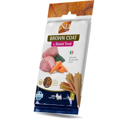 N&D BROWN DOG Dental Treat Lamb, Carrot & Spirulina Adult MINI - дентални лакомства за кучета с кафява козина от дребни породи с агнешко, моркови и спирулина 60gr