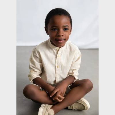 Mayoral Комплект бермуди лен suiting и риза райе в бежово за мини момче Mayoral