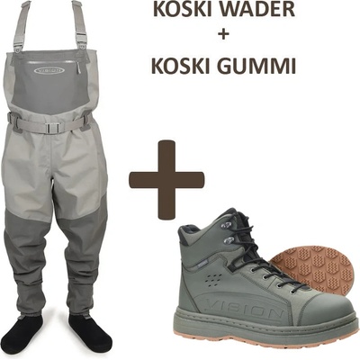 VISION Brodící kalhoty KOSKI Waders - vel. M + Vision Brodící boty KOSKI Green, Gumová podrážka, vel. EU 42