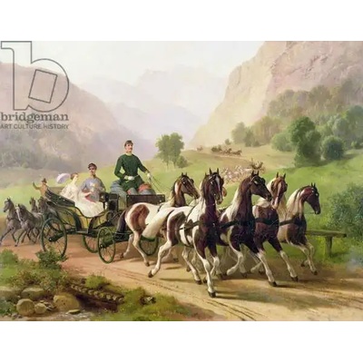 Obrazy - Rakouská škola (19. století): Emperor Franz Joseph I of Austria, being driven in his carriage with his wife Elizabeth of Bavaria in Bad Ischl - reprodukce obrazu